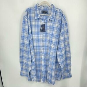NWT Club Room blue cream plaid button down shirt Sz 4XLT linen blend long sleeve
